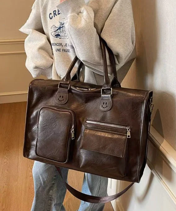 Túi xách da giả trang trí hình mặt cười màu nâu dung tích lớn tự làm