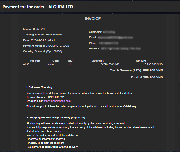 Email xác nhận đặt hàng